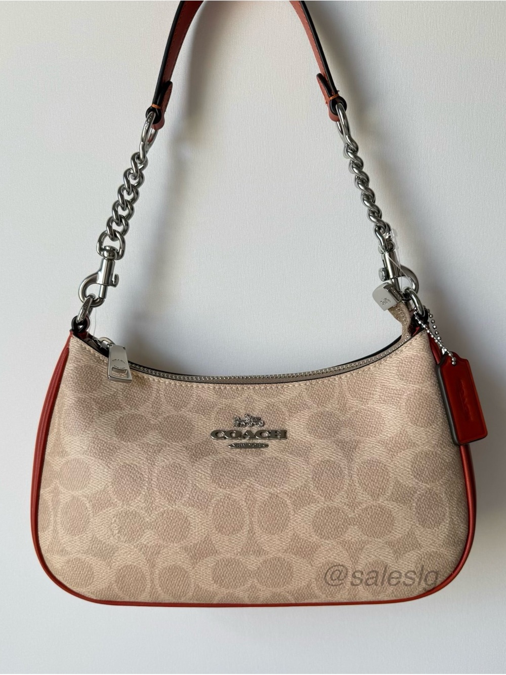 NWT Coach Teri Shoulder Bag In Signature Canvas Silver/SAND/DEEP ORANGE CV933